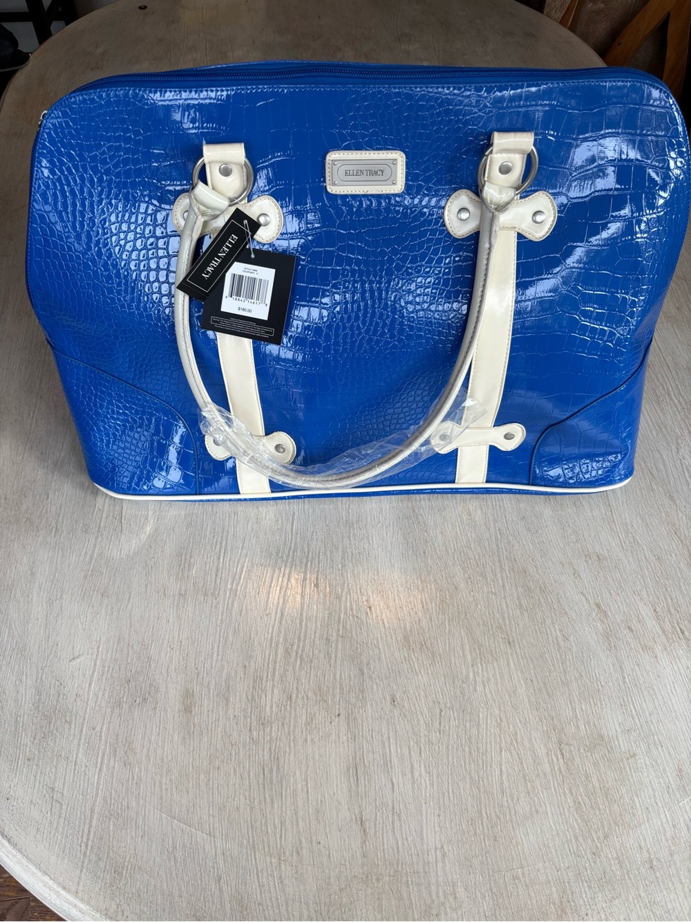 Ellen Tracy Blue Patent Croc-Embossed Travel Tote with Cream Trim